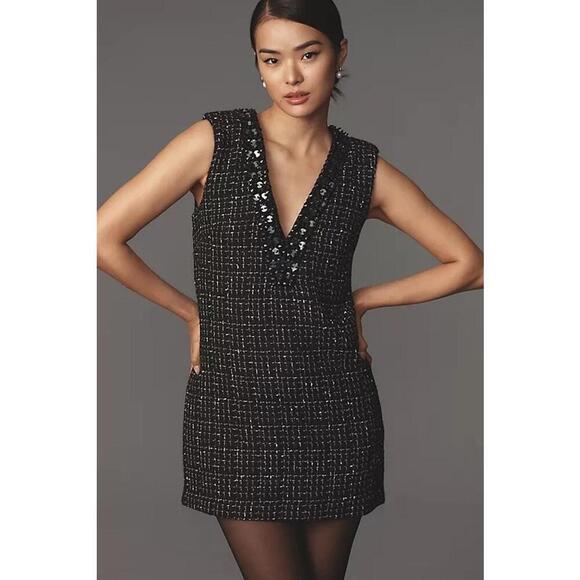 Maeve Dresses & Skirts - Maeve Anthropologie Sequin Embellished V-Neck Tweed Mini Dress Size S Black